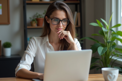 Jeune femme en bureau moderne travaillant sur un ordinateur portable