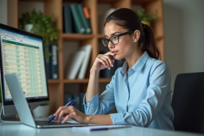 Femme d affaires concentrée sur son ordinateur dans un bureau moderne