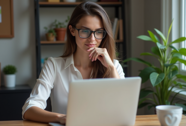 Jeune femme en bureau moderne travaillant sur un ordinateur portable