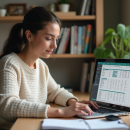 Femme concentrée travaillant sur un ordinateur portable dans un bureau moderne