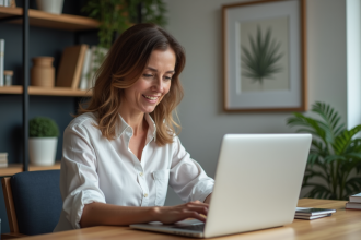 Femme d'âge moyen travaillant sur son ordinateur dans un bureau moderne
