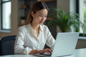Jeune femme professionnelle travaillant sur son ordinateur en bureau