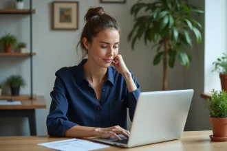 Femme concentrée travaillant sur son ordinateur dans un bureau lumineux