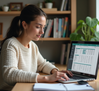 Femme concentrée travaillant sur un ordinateur portable dans un bureau moderne