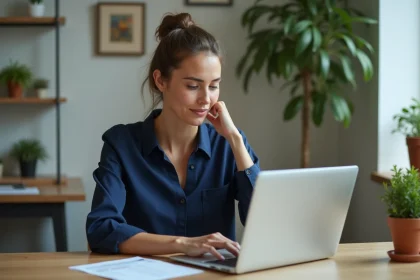 Femme concentrée travaillant sur son ordinateur dans un bureau lumineux