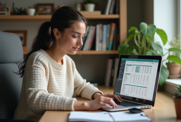 Femme concentrée travaillant sur un ordinateur portable dans un bureau moderne