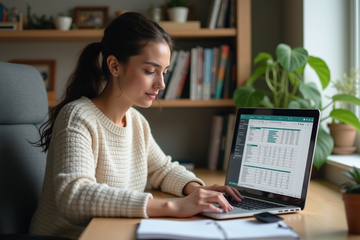 Femme concentrée travaillant sur un ordinateur portable dans un bureau moderne