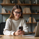 Femme souriante dans un bureau moderne et cosy
