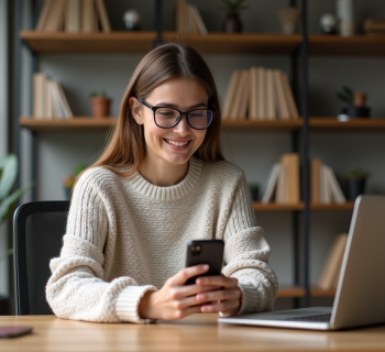 Femme souriante dans un bureau moderne et cosy