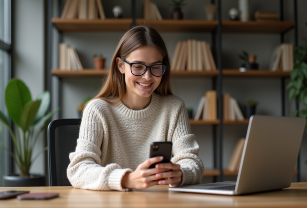 Femme souriante dans un bureau moderne et cosy
