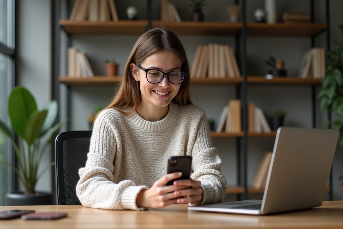 Femme souriante dans un bureau moderne et cosy