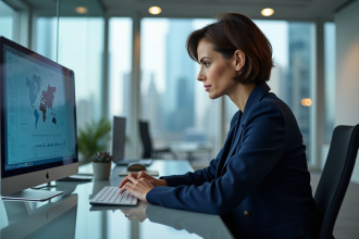 Femme en costume bleu analysant des données dans un bureau moderne