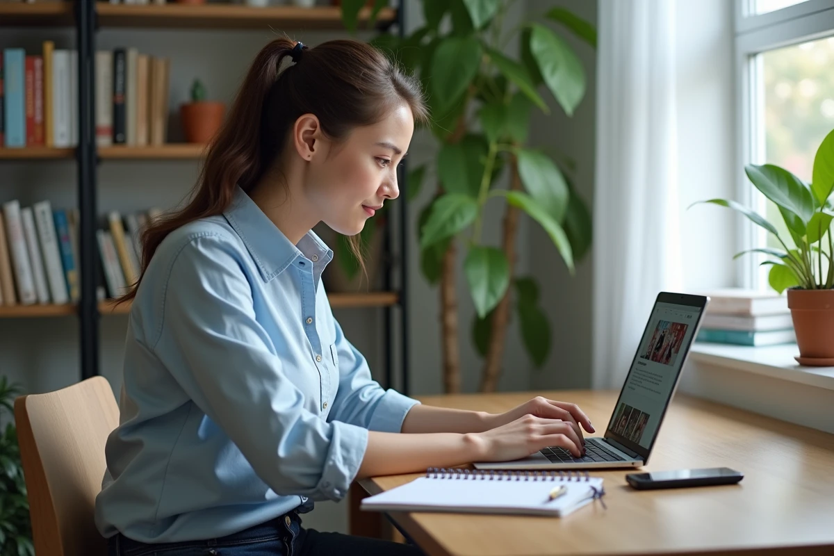 Femme assise à un bureau regardant YouTube avec son ordinateur