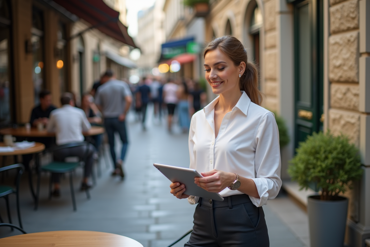Femme souriante montrant une erreur 404 sur une tablette en extérieur