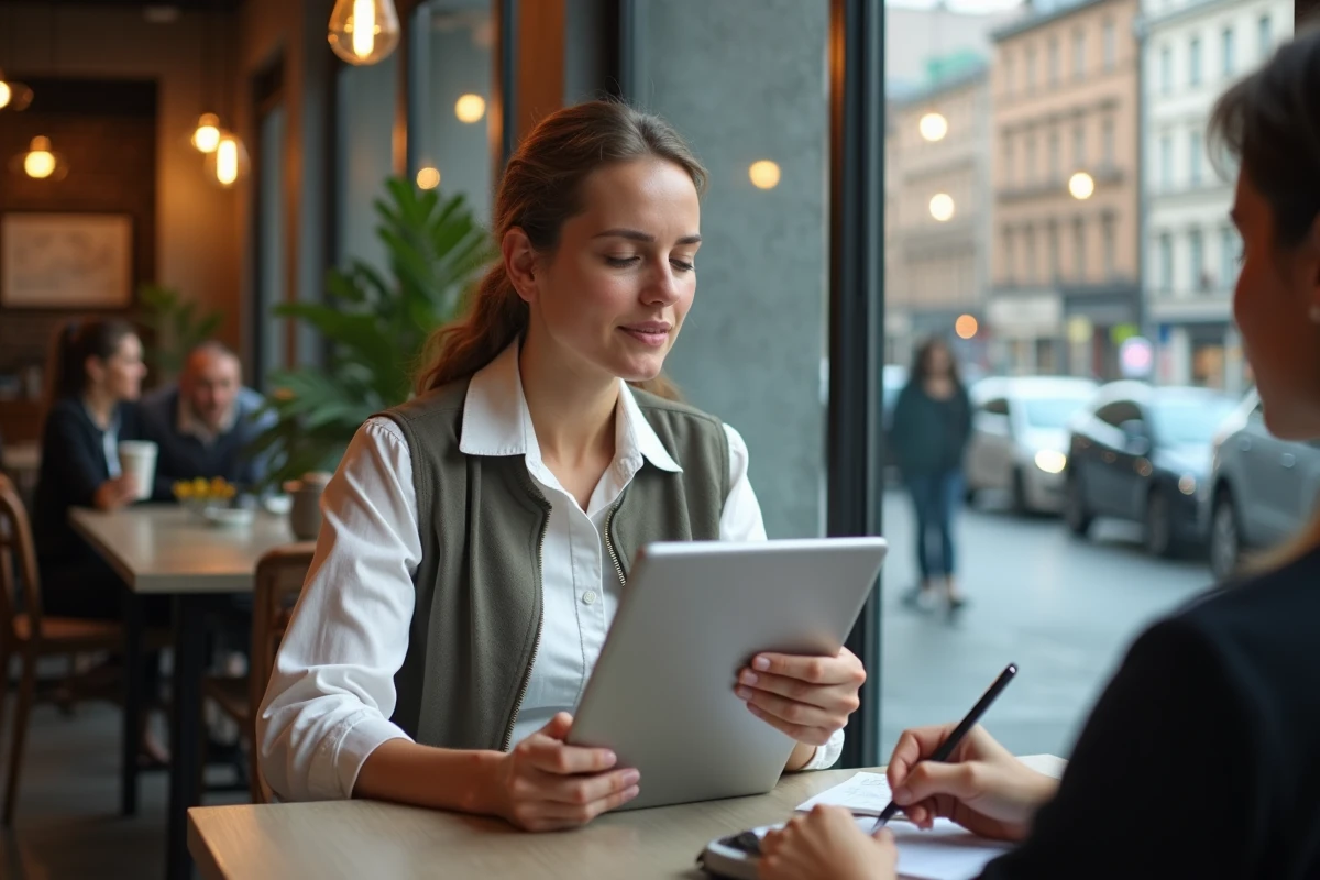 Femme au café analysant des données sur une tablette