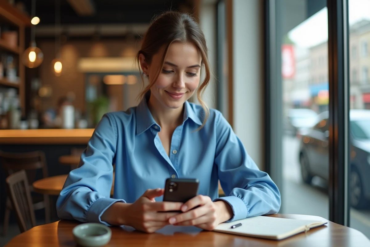 Femme au café utilisant son smartphone avec concentration