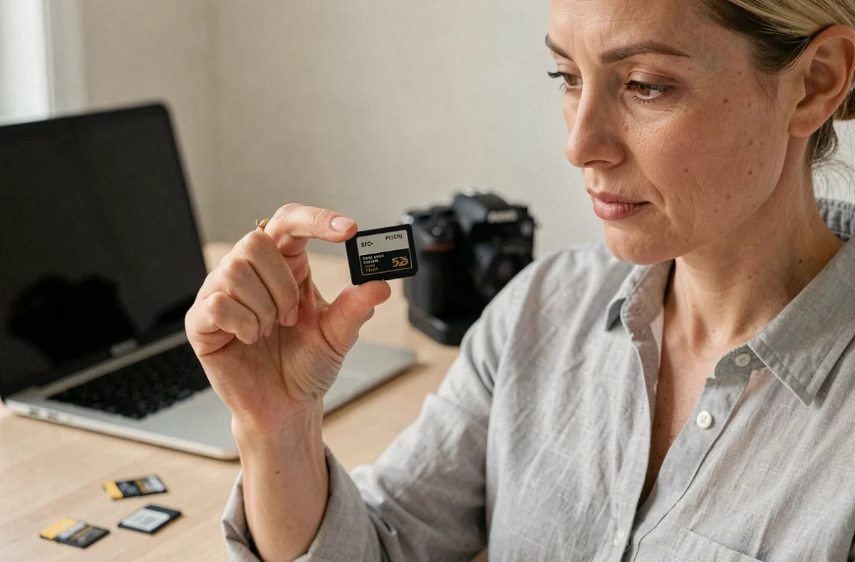 Femme tenant une carte SD entre ses doigts au-dessus d'un bureau avec appareil photo et ordinateur portable