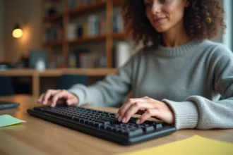 Femme tapant sur un clavier d'ordinateur AZERTY cherchant à faire le symbole dièse #