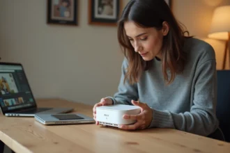 Femme tenant une box internet Bbox et lisant le code WiFi inscrit sur l'étiquette du dessous de l'appareil