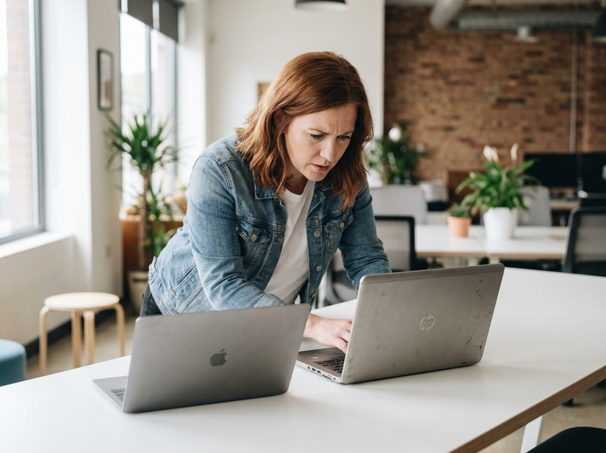 Femme comparant deux ordinateurs portables reconditionnés dans un espace de coworking moderne