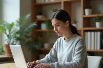 Femme utilisant un compteur de caractères en ligne sur son ordinateur portable dans un bureau à domicile moderne