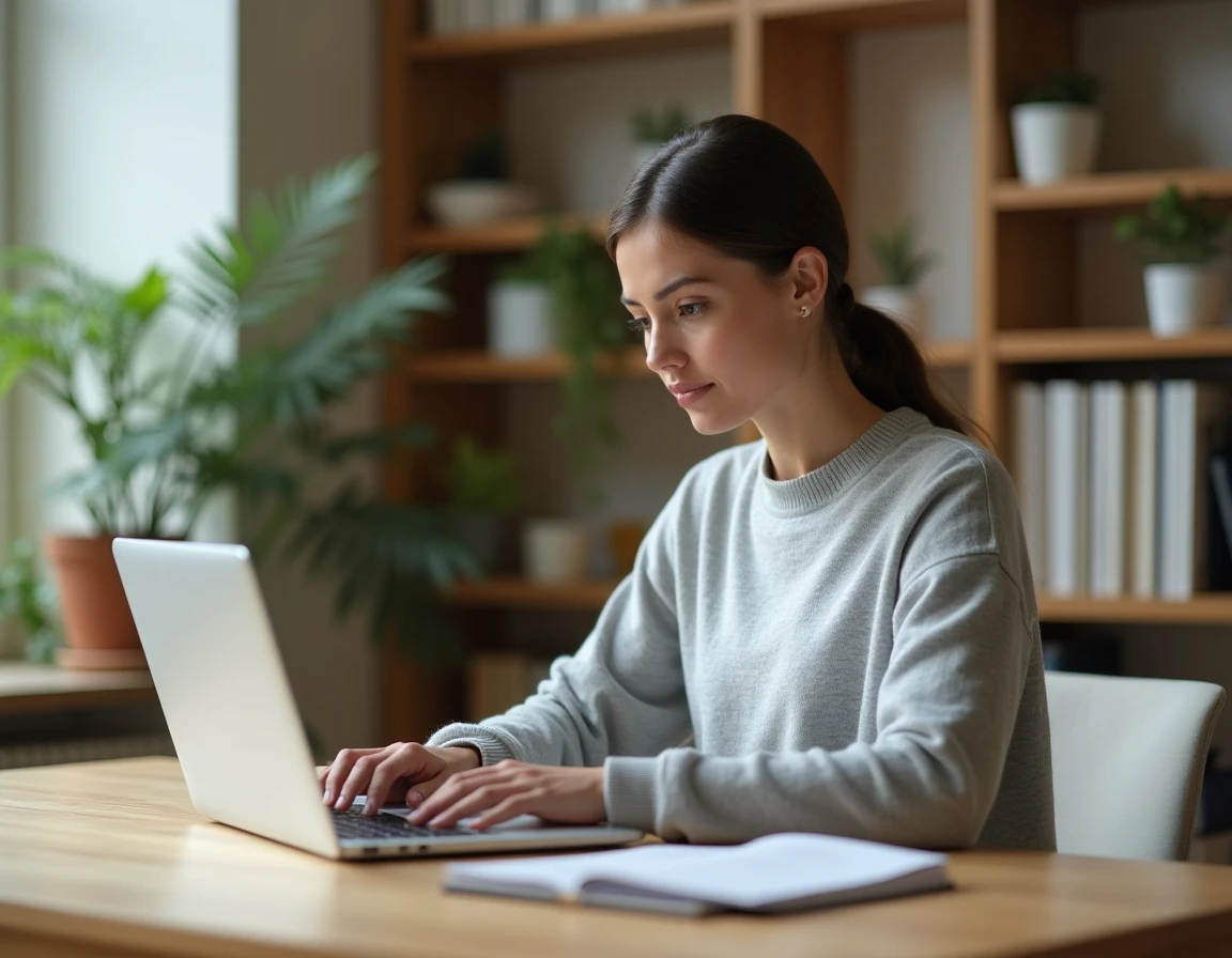 Femme utilisant un compteur de caractères en ligne sur son ordinateur portable dans un bureau à domicile moderne