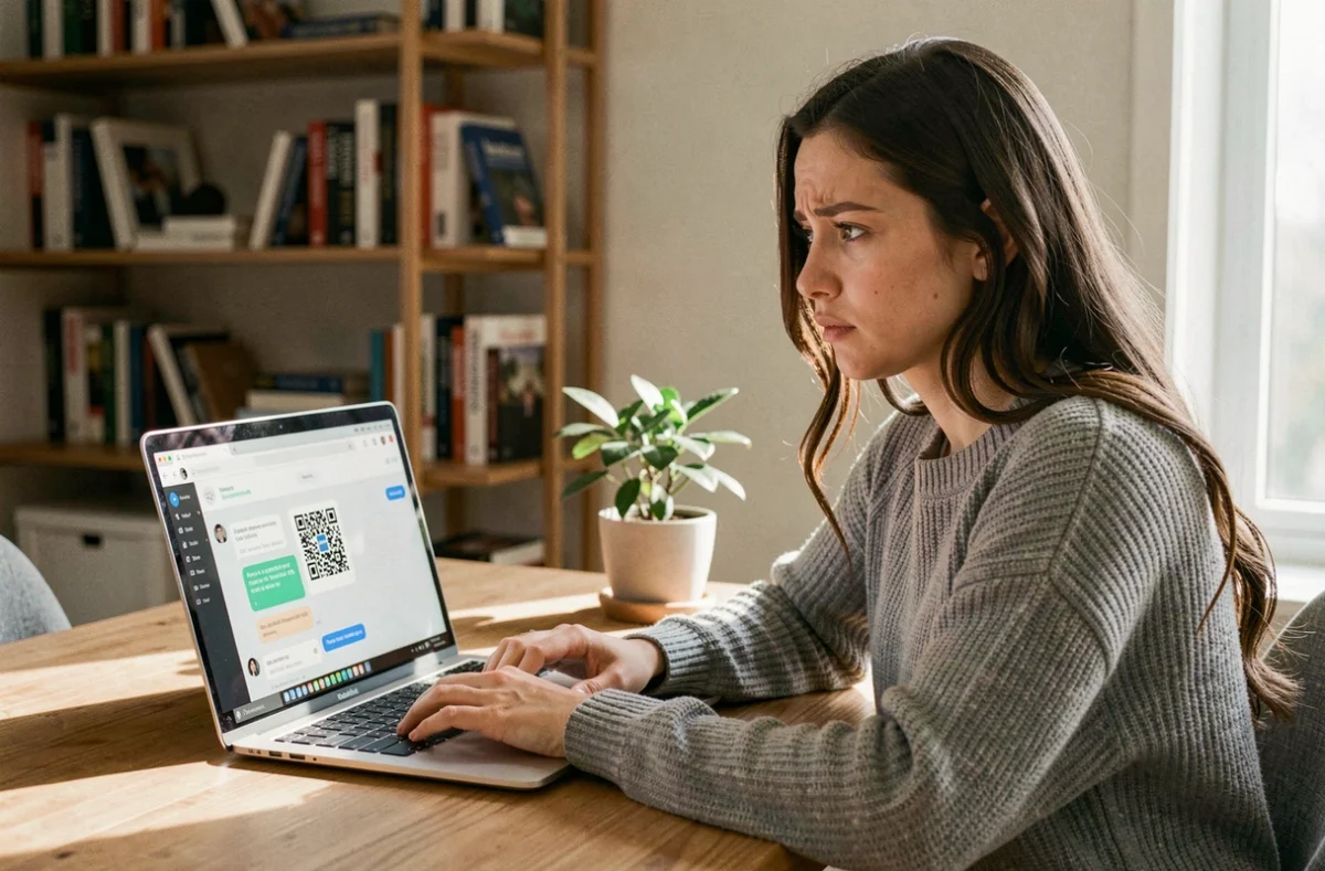 Jeune femme frustrée devant un ordinateur portable affichant une interface de messagerie web avec un QR code de connexion