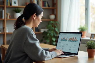 Femme analysant une table de conversion entre gigaoctets et mégaoctets sur un écran d'ordinateur portable