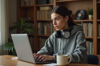 Jeune femme utilisant un convertisseur YouTube MP3 sur son ordinateur portable dans un bureau à domicile