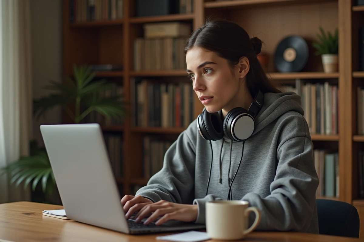 Jeune femme utilisant un convertisseur YouTube MP3 sur son ordinateur portable dans un bureau à domicile