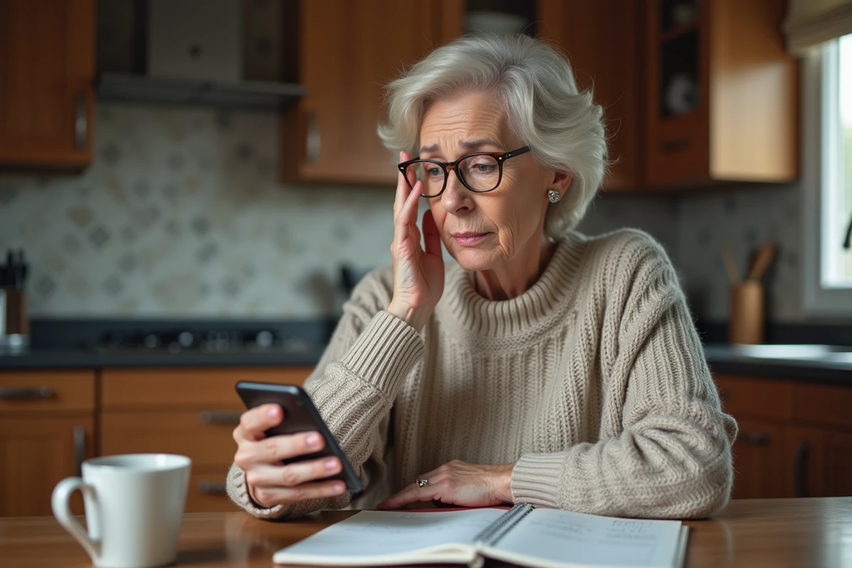 Femme âgée avec smartphone et notes dans la cuisine