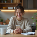 Femme souriante en cuisine en train d'enregistrer une video
