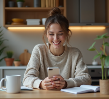 Femme souriante en cuisine en train d'enregistrer une video