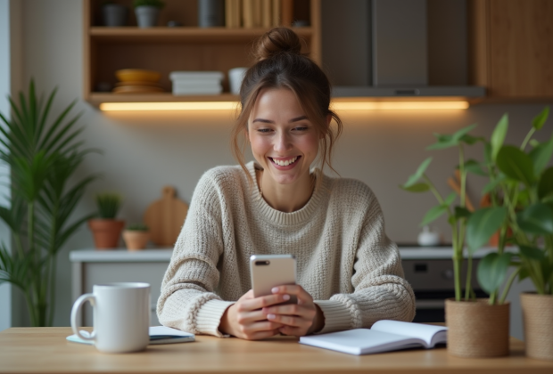 Femme souriante en cuisine en train d'enregistrer une video