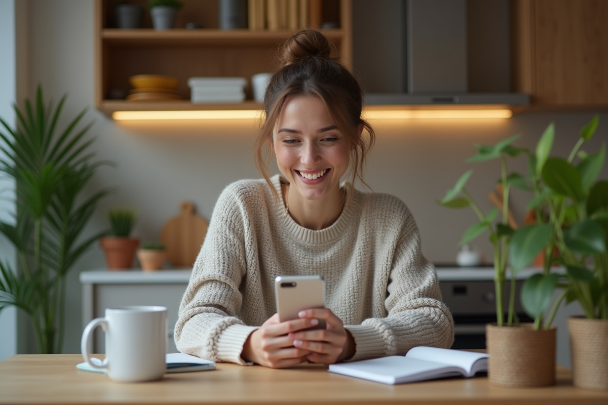 Femme souriante en cuisine en train d'enregistrer une video