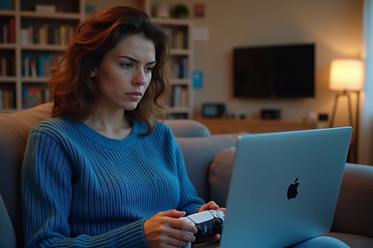 Femme regardant une erreur de paiement sur le PlayStation Store depuis son ordinateur portable dans son salon