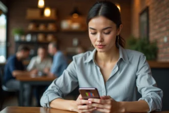 Femme consultant un fichier Excel sur smartphone dans un café, illustration du partage de fichiers en ligne sur mobile