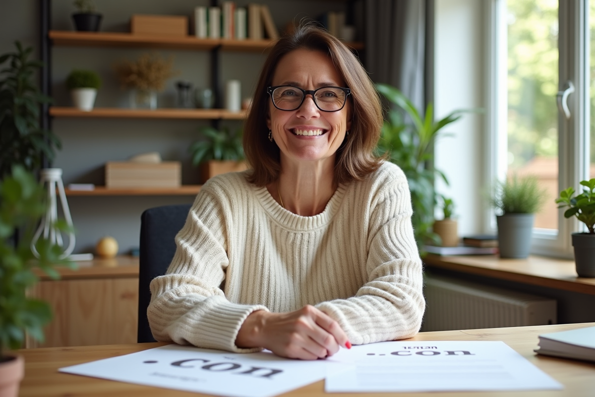 Femme souriante choisissant entre deux mockups web à la maison