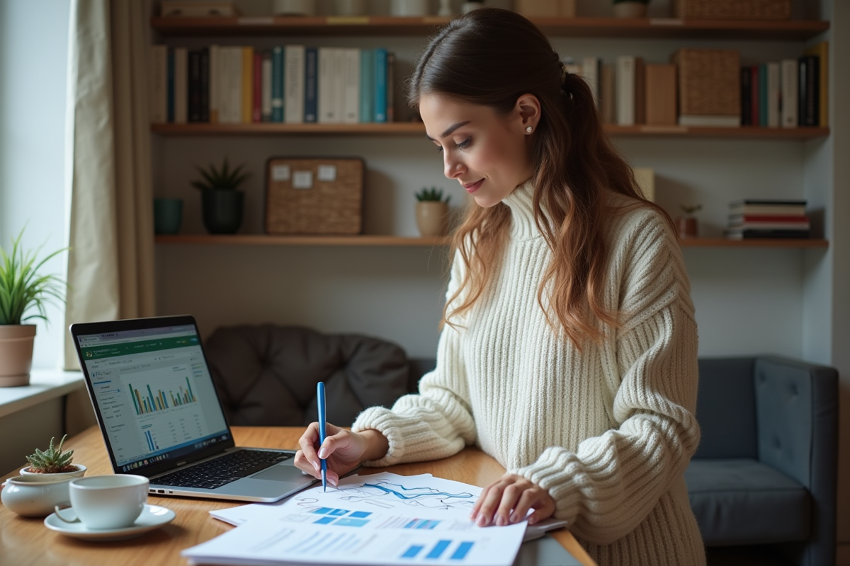 Femme dans un espace de travail à domicile avec notes et ordinateur