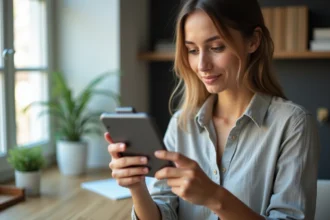 Femme inspectant un smartphone reconditionné à son bureau pour vérifier son état avant achat
