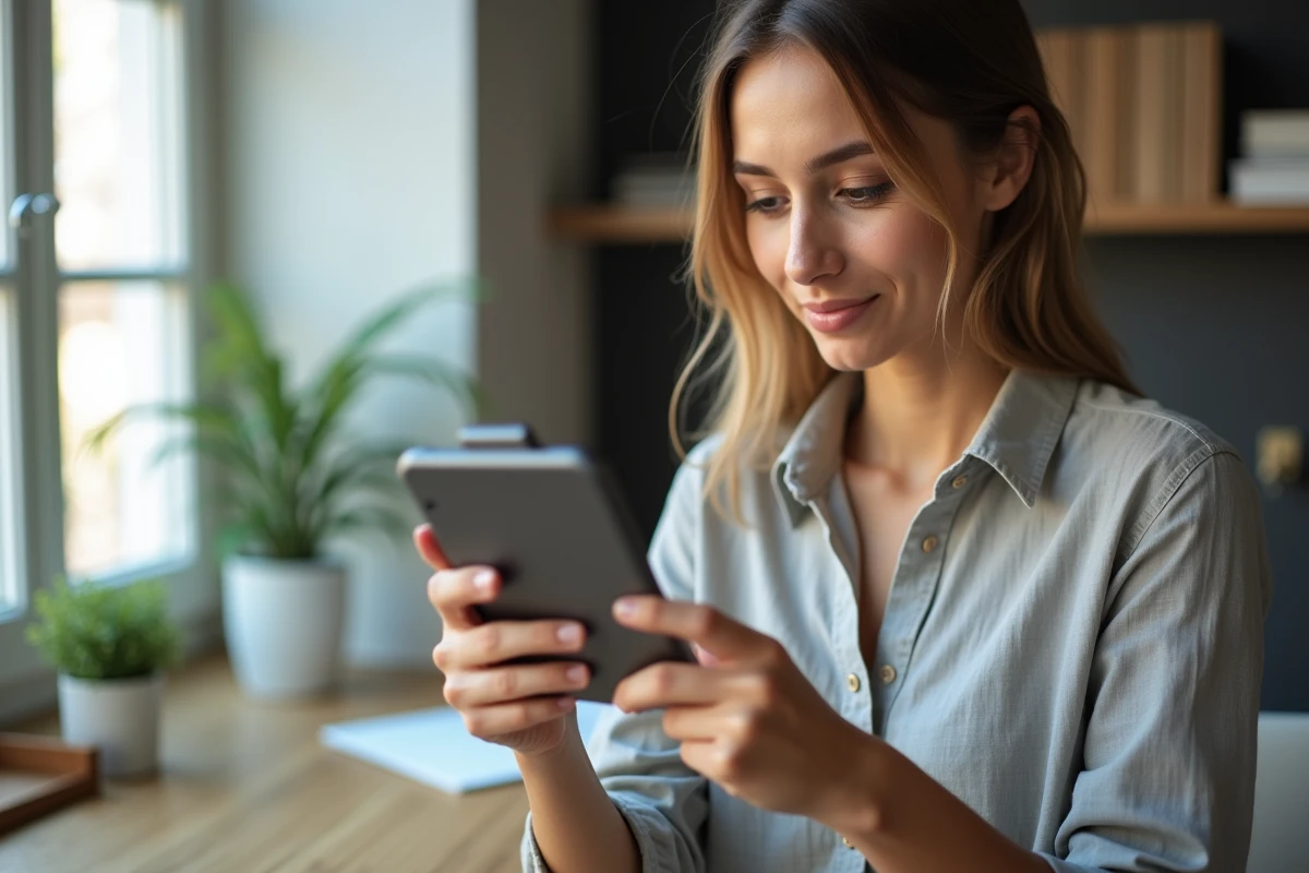 Femme inspectant un smartphone reconditionné à son bureau pour vérifier son état avant achat