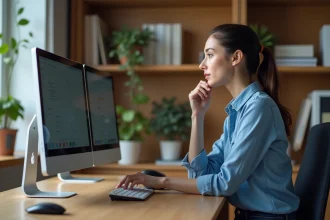 Jeune femme compare trois écrans d'ordinateur dans un bureau moderne