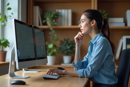 Jeune femme compare trois écrans d'ordinateur dans un bureau moderne