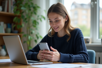Jeune femme remplissant un formulaire en ligne à son bureau
