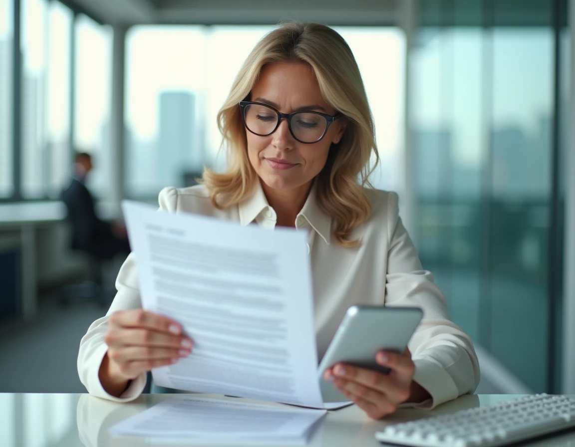 Femme professionnelle utilisant un outil de comptage de caractères sur smartphone dans un bureau d'entreprise