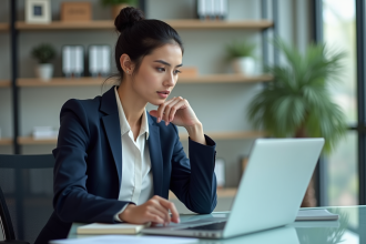 Femme professionnelle analysant résultats de recherche sur son ordinateur