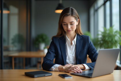 Femme professionnelle au bureau avec disque dur externe
