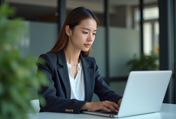 Jeune femme professionnelle travaillant sur un ordinateur en cloud