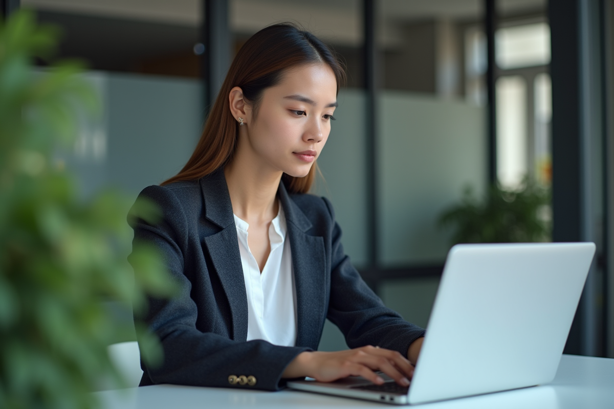 Jeune femme professionnelle travaillant sur un ordinateur en cloud