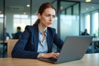 Femme professionnelle relisant attentivement un email avec les champs Cc et Cci visibles sur son écran d'ordinateur portable en bureau moderne